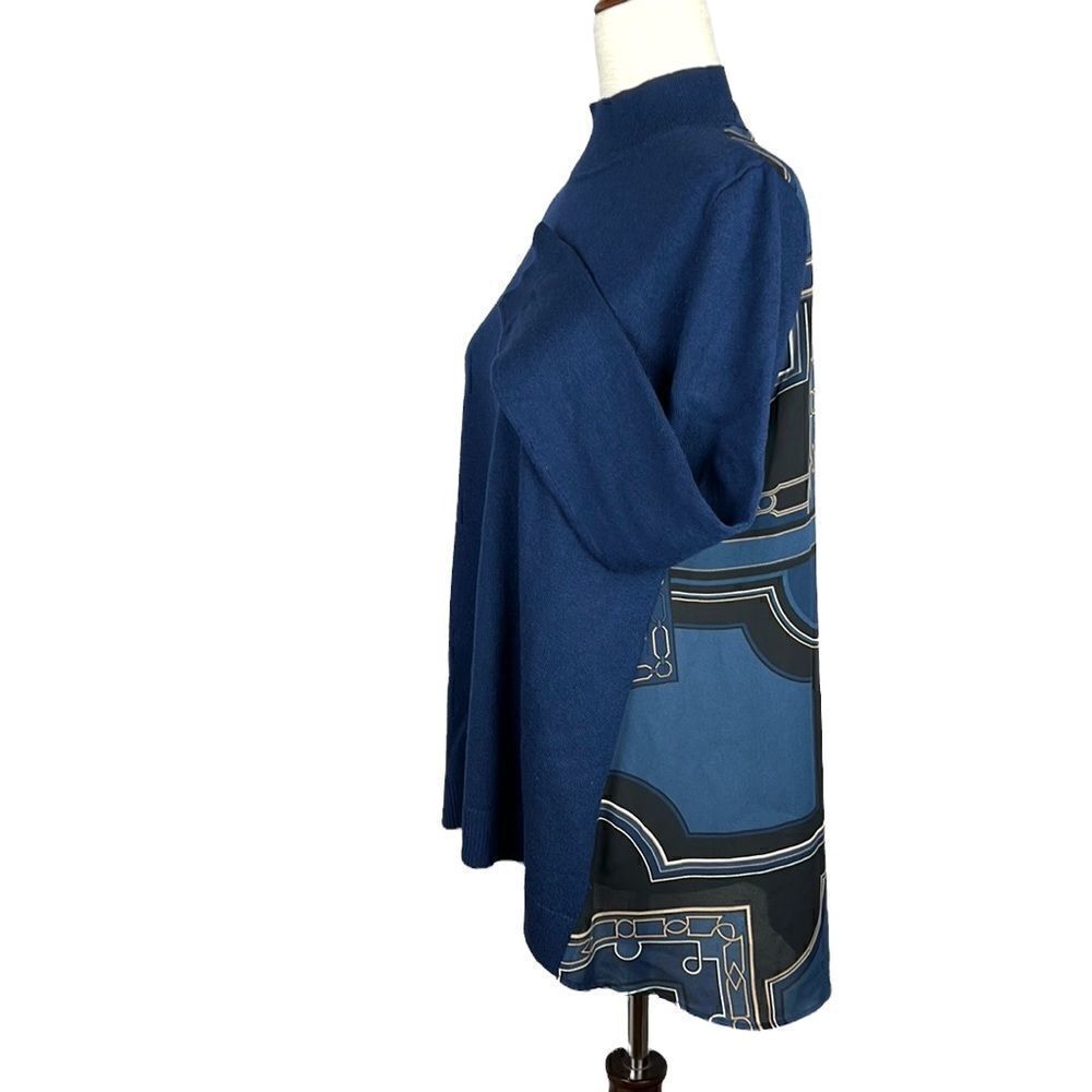 ANN TAYLOR Dark Blue Knit Printed Fabric Back  Mock Neck Long Sleeve
Sweater